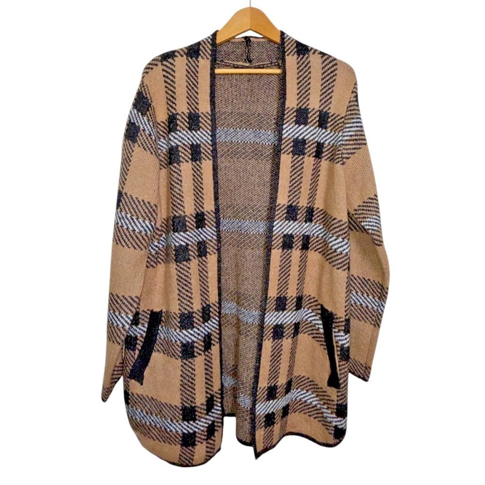 Adrienne Vittadini Cardigan Womens Large Pre-Owned Tan Plaid Open Front Pockets